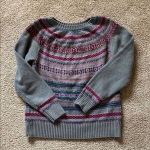 Gray Crew Neck Sweater with Fair Isle  Pattern